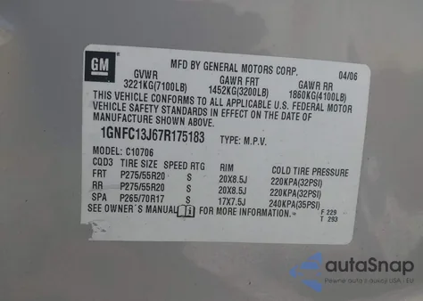 2007 Chevrolet Tahoe Ltz из США, поврежденный, VIN 1GNFC13J67R175183